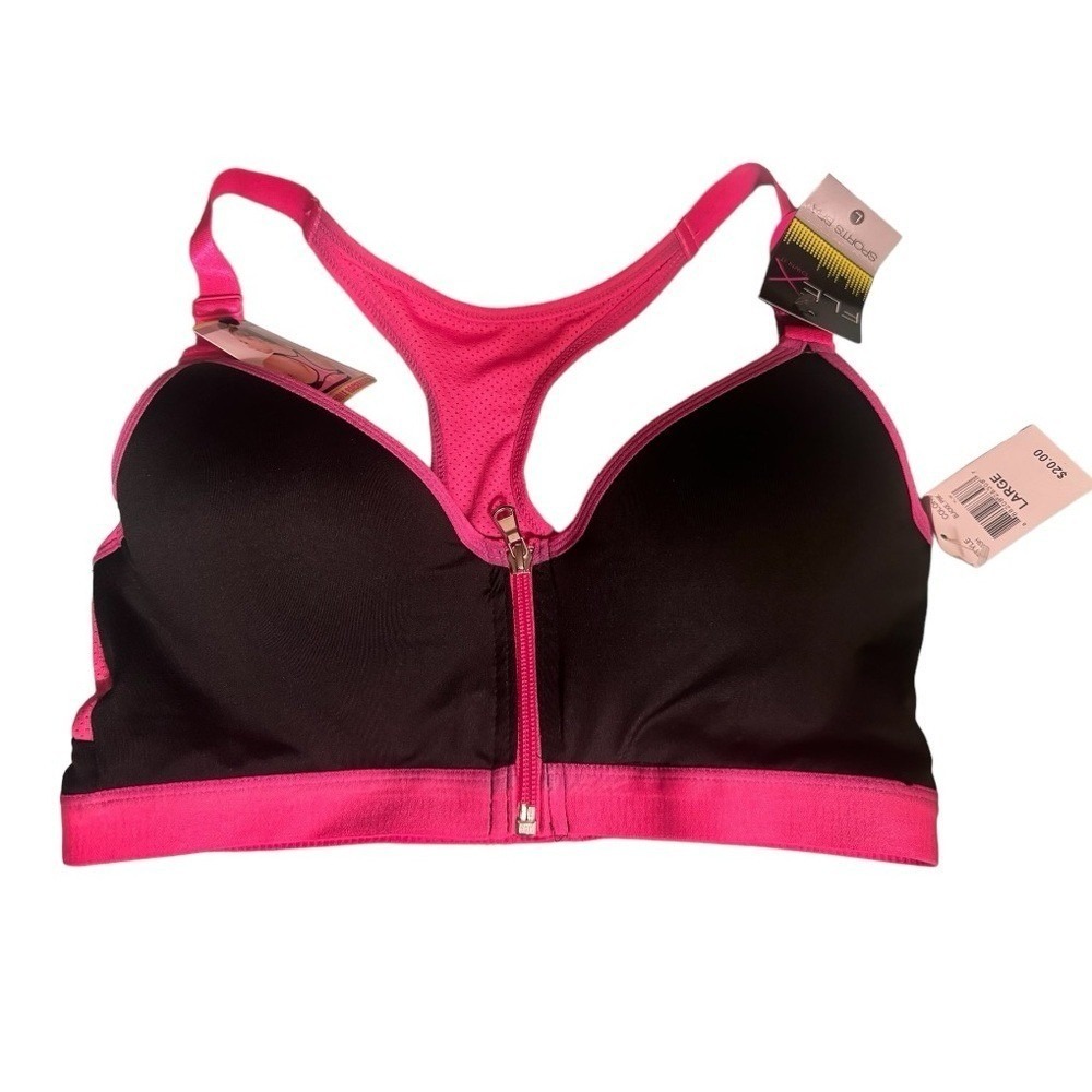 Flex Pink/Black Keyhole Racerback Sports Bra, size Large